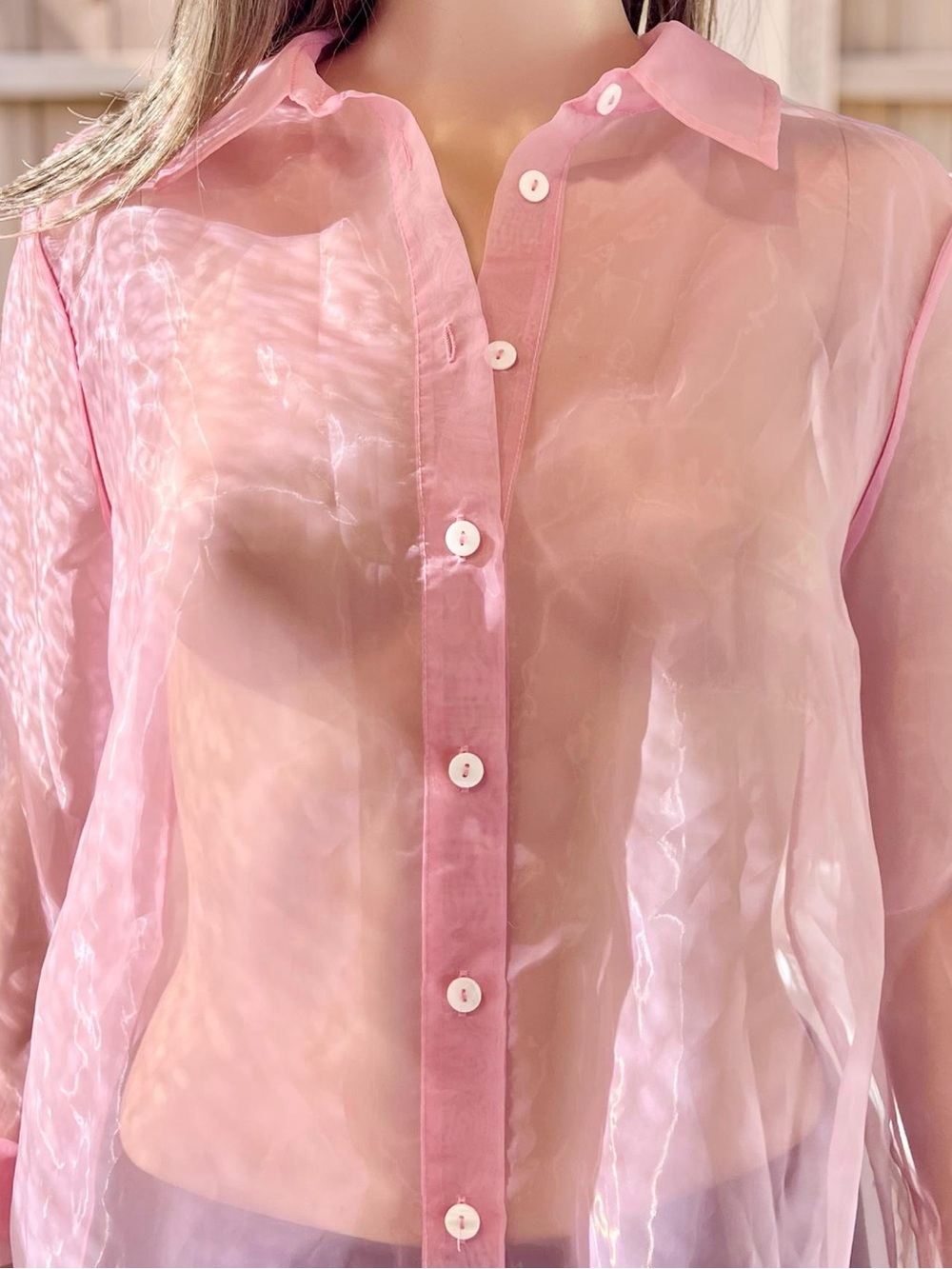 Nicole Miller Pink Sheer Button Down Blouse M Collared Tunic Beach Cover Up - Picture 5 of 7
